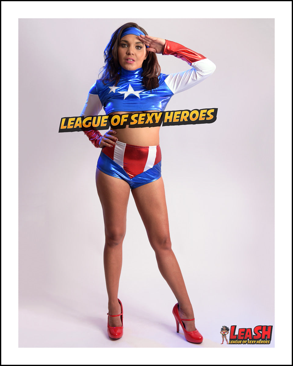 Black Female Captain America cosplay print, underboob salute pose by Shaletta